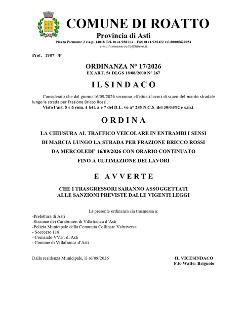 Ordinanza chiusura strada per Bricco Rossi